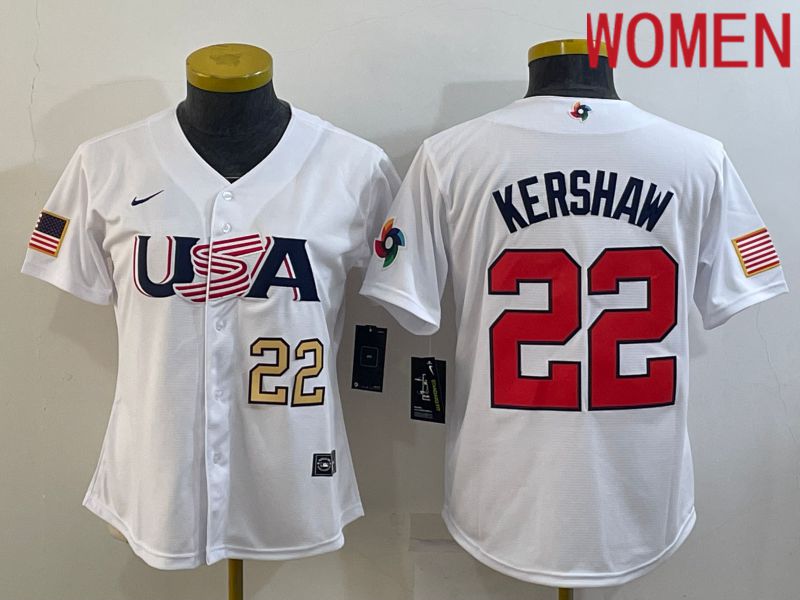 Women 2023 World Cub USA #22 Kershaw White Nike MLB Jersey7->women mlb jersey->Women Jersey